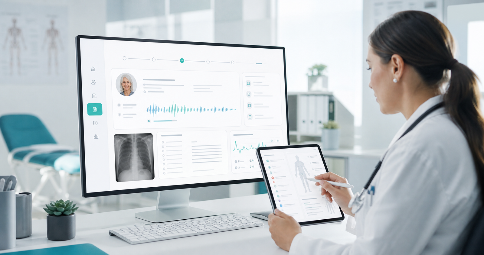 Clinician reviewing an AI clinical copilot dashboard