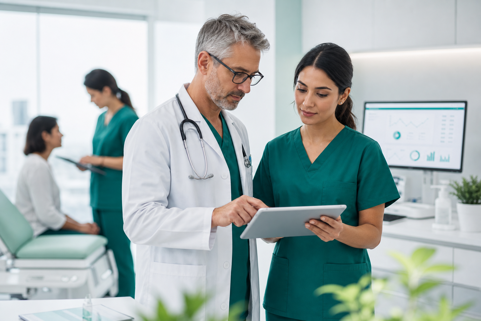 Doctor and nurse reviewing digital intake details on a tablet